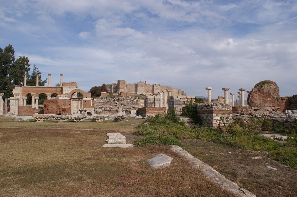 Basilica of St. John ruins with Ayasuluk Fortress on the hill behind