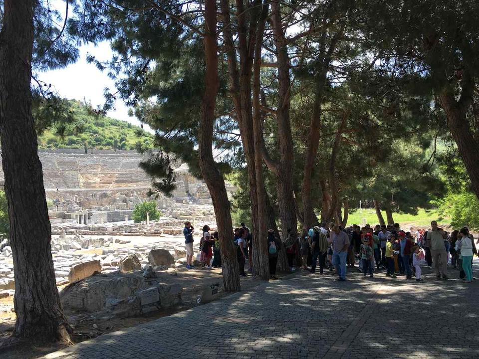 Visitors on the shaded path under the pines near the Lower Gate of Ephesus, with the Great Theater behind