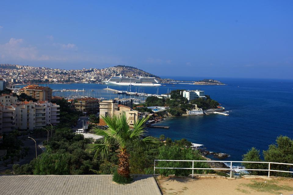 Aerial view of Kusadasi Bay with the cruise port and Pigeon Island