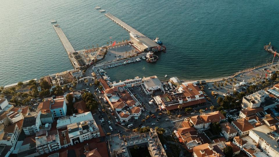 Aerial view of Kusadasi's cruise piers beside the old town waterfront