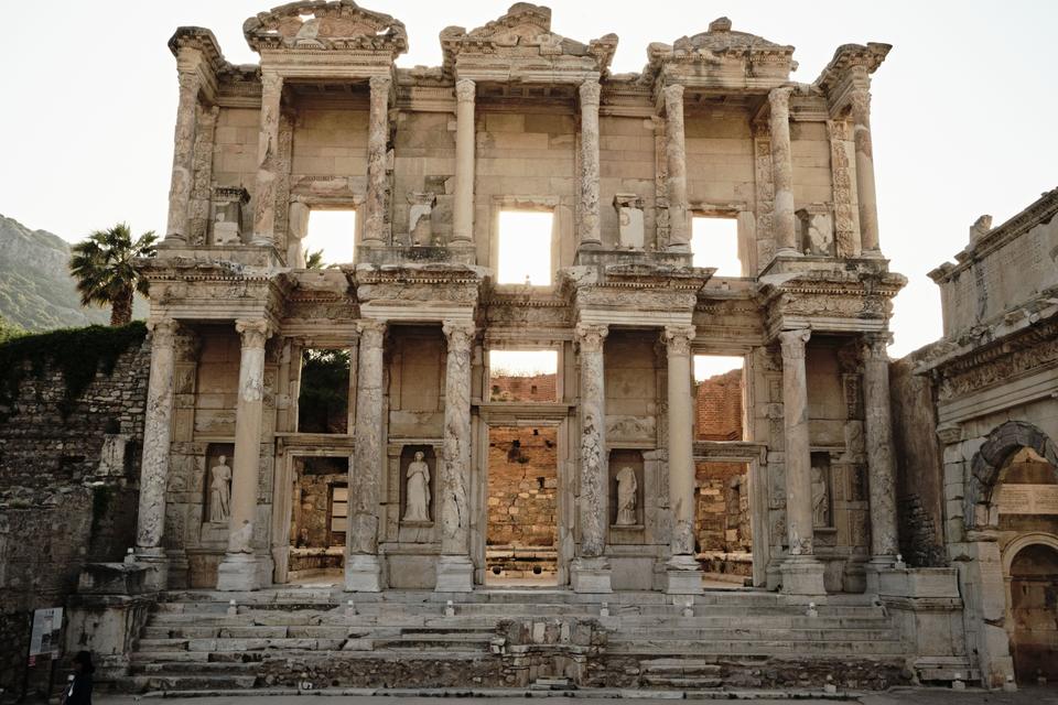 Library of Celsus facade at Ephesus lit by golden evening backlight