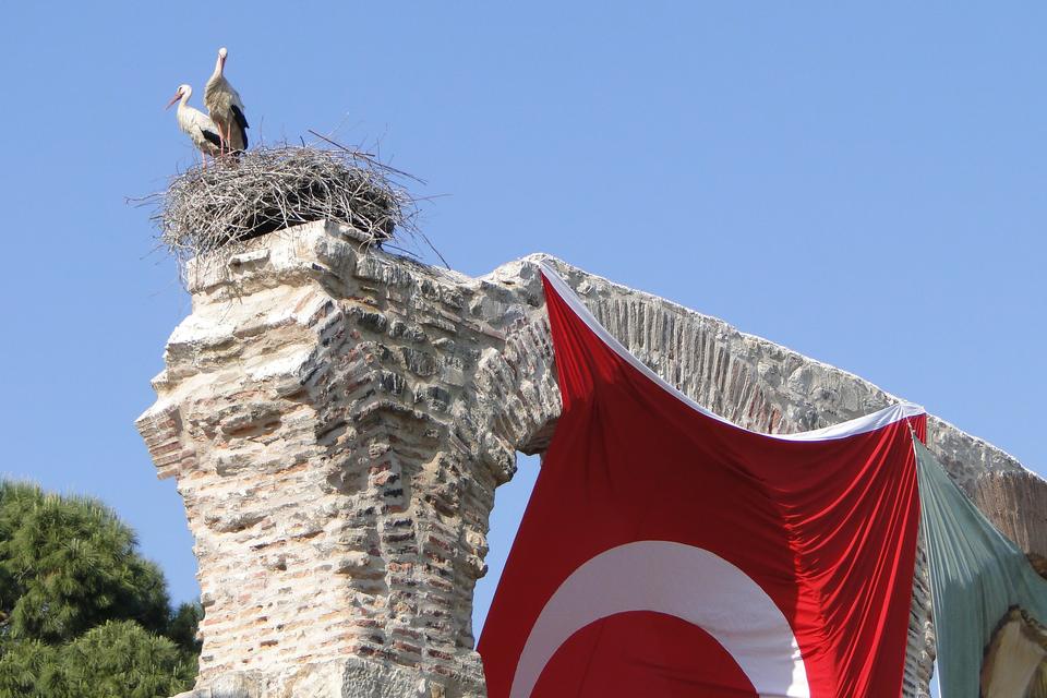 A stork nest atop the Byzantine aqueduct in Selcuk, with a Turkish flag