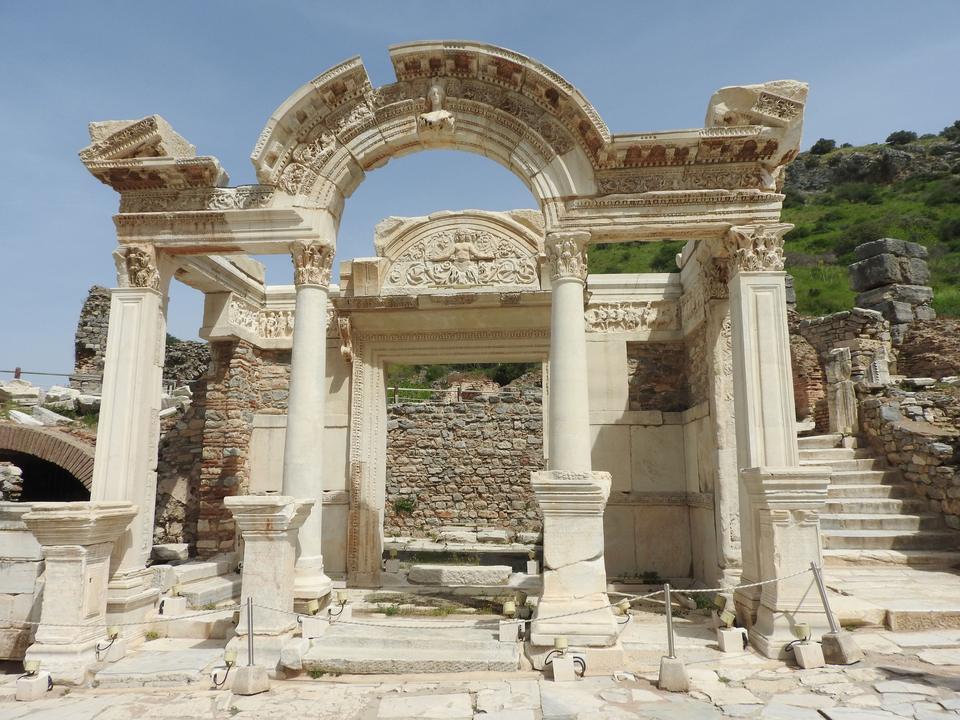 Ornate carved arch and columns of the Temple of Hadrian in Ephesus